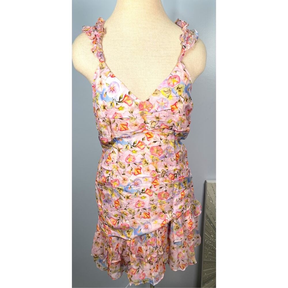 LOVESHACKFANCY Desra Ruched Floral Pastel Confetti Ruffle Mini Dress Sz 8 - Picture 4 of 10